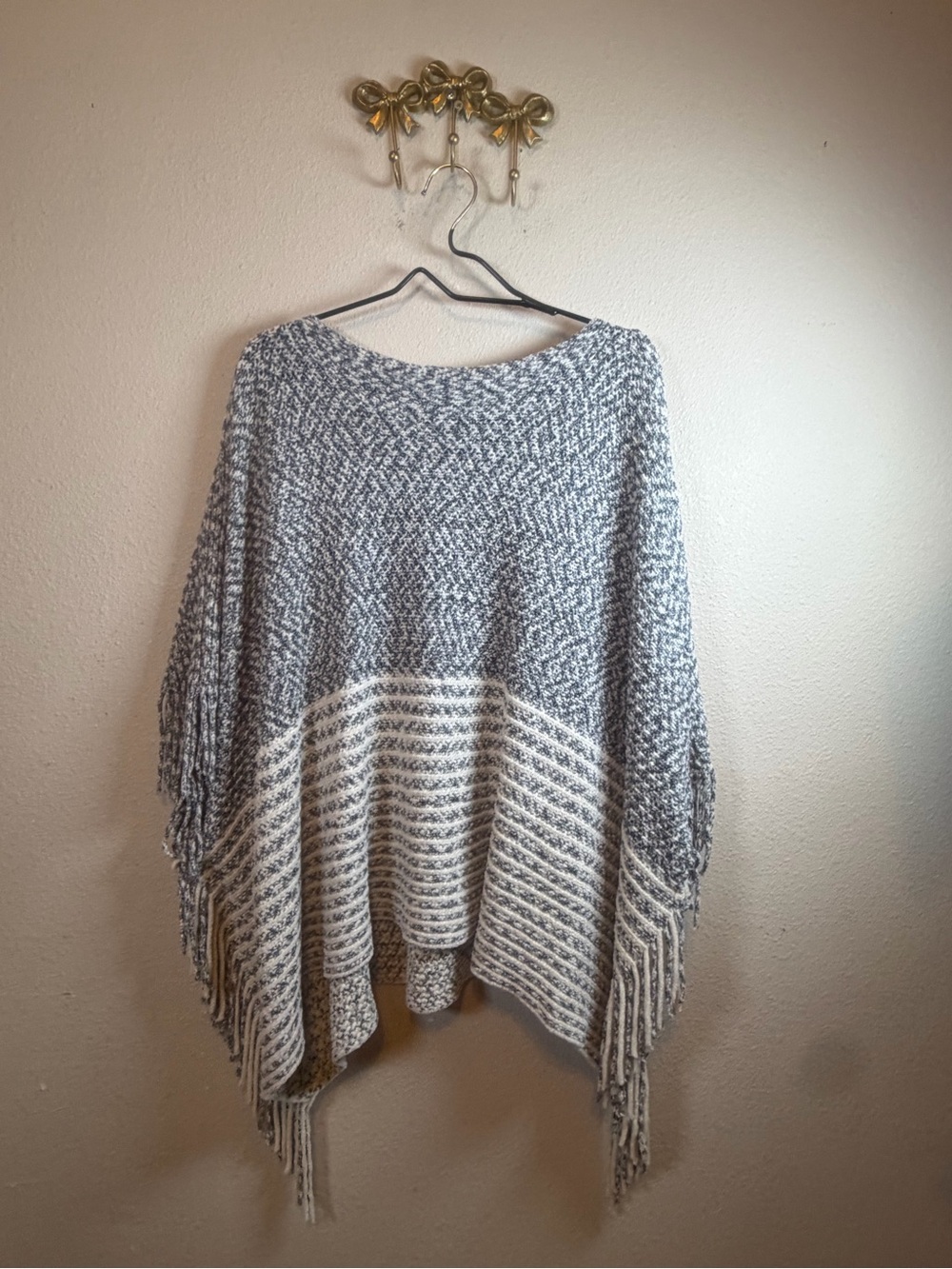 Grey and Cream Striped Knit Fringe Poncho Sweater. One size fits most